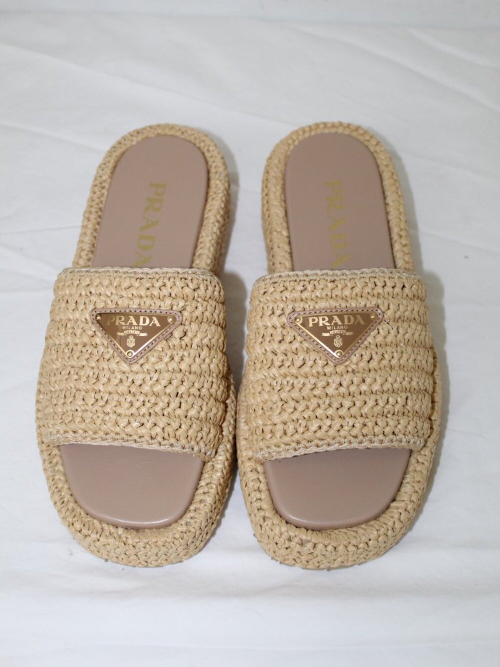 NWOB PRADA Raffia Single Band Platform Triangle Logo Sandals Slides Natural 37 - Picture 4 of 11